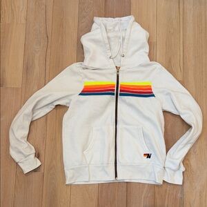 Aviator Nation White Hoodie with Rainbow Stripes